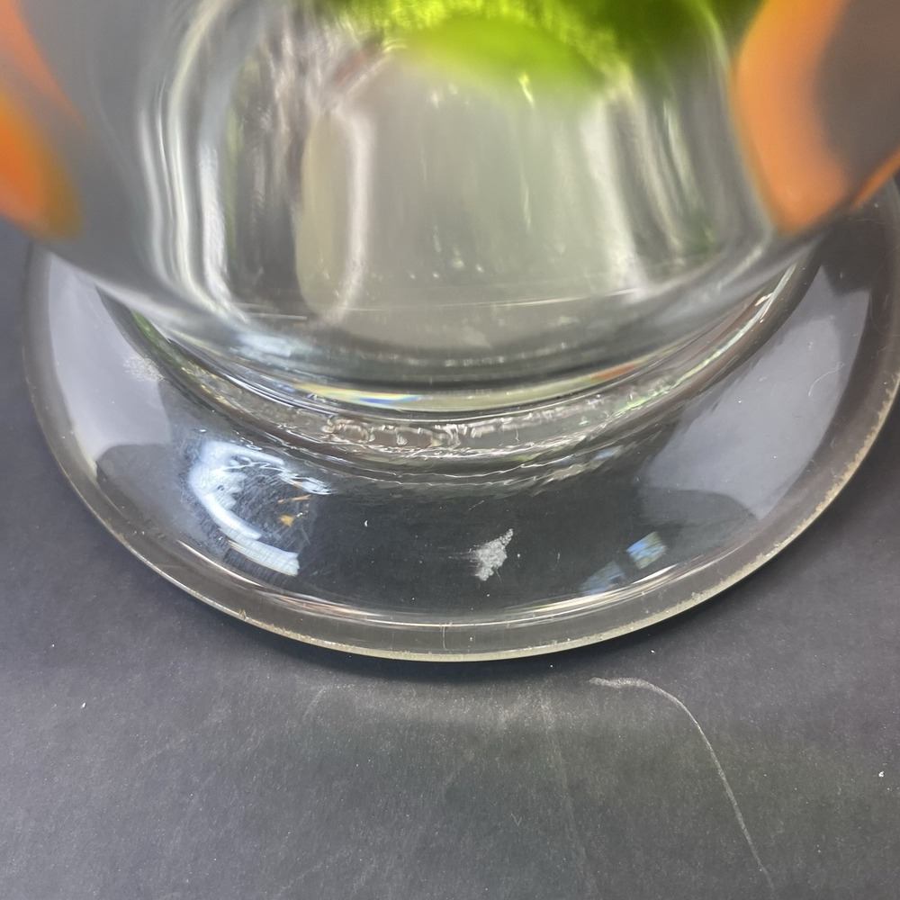 Clear Art Glass Vase Orange And Green Ovals 10" X 7" Ruffled  2.4lb  Hand Blown - Picture 4 of 4